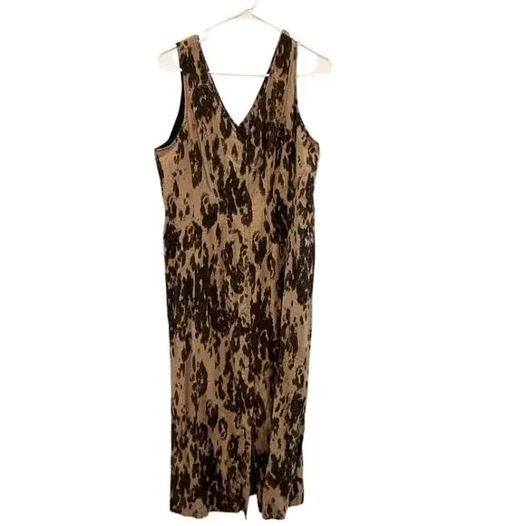 Banana Republic Linen Blend Bodice Seam Maxi Dress 12P 12 Tan Leopard Print NEW - Picture 4 of 11